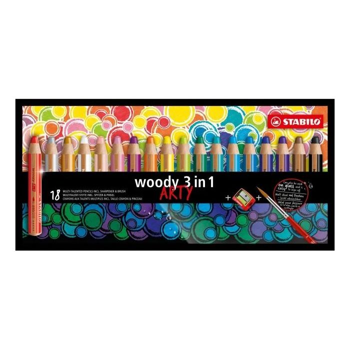 Stabilo Woody 3 en 1 Arty Pack de 18 Lapices de Colores + Sacapuntas + Pincel - Lapiz de Color, Cera y Acuarela, Todo en Uno - Mina XXL 10mm - Colores Surtidos