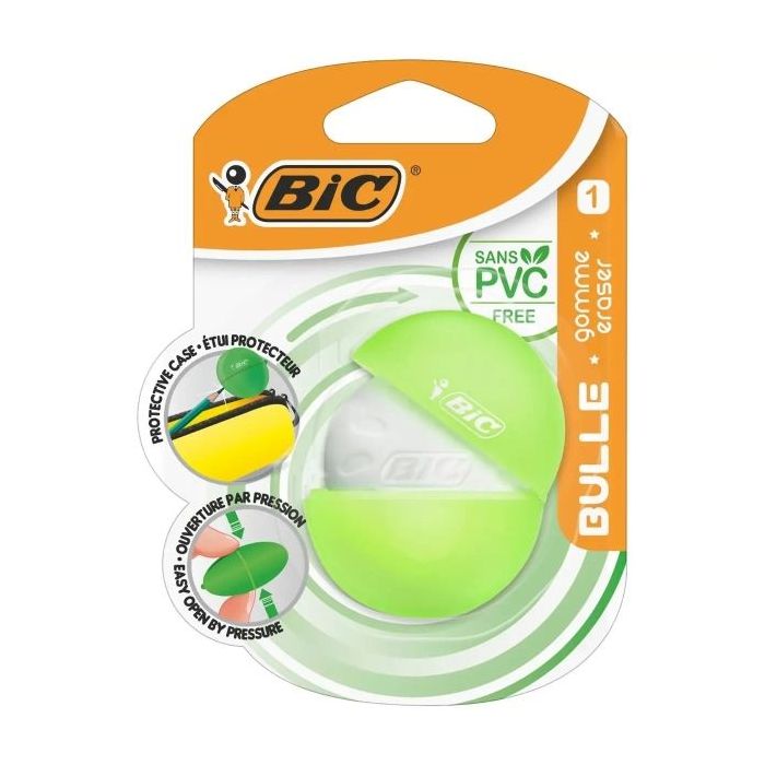 Bic Bulle Goma de Borrar Blanca - Caucho Sintetico - Sin PVC - Funda Protectora de Colores Aleatorios