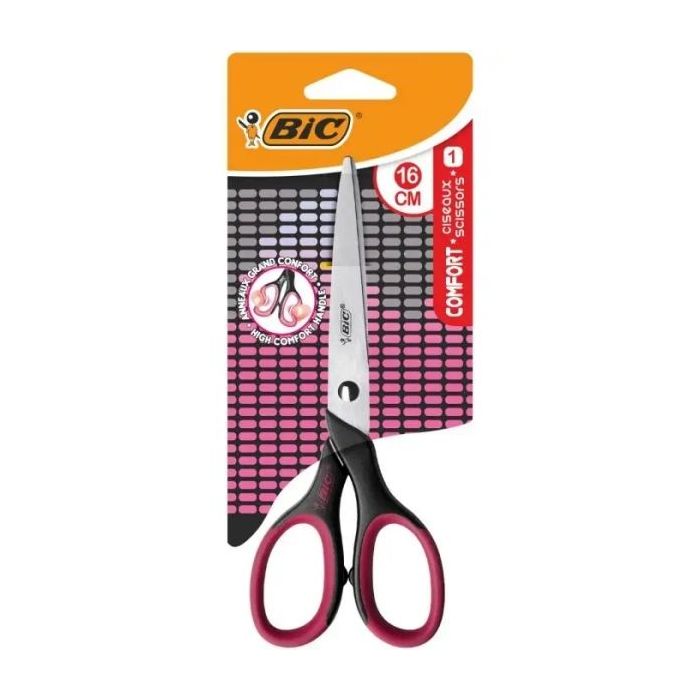 Bic Comfort Tijera Escolar de Acero Inoxidable 16cm - Mango Suave - Uso Diestro - Colores Surtidos Aleatorio