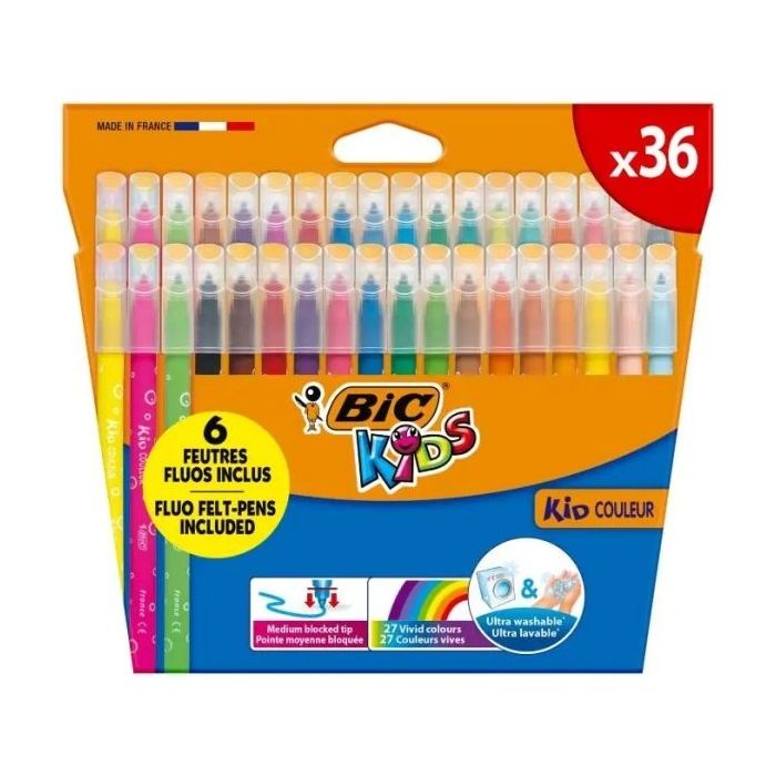Bic Kids Couleur Pack de 36 Rotuladores - Punta Mediana - Lavable - Colores Surtidos