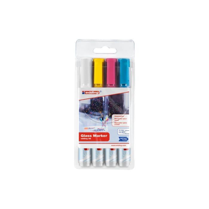 Edding 95 Pack de 4 Rotuladores de Tiza Liquida - Punta Redonda - Trazo 1.5-3mm - Colores Blanco, Amarillo, Rosa y Azul