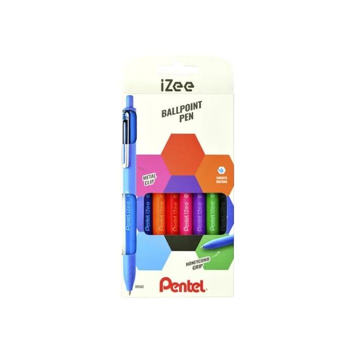 Pentel iZee Pack de 8 Boligrafos de Bola Retractiles - Punta 0.7mm - Trazo 0.35mm - Clip de Metal - Colores Surtidos