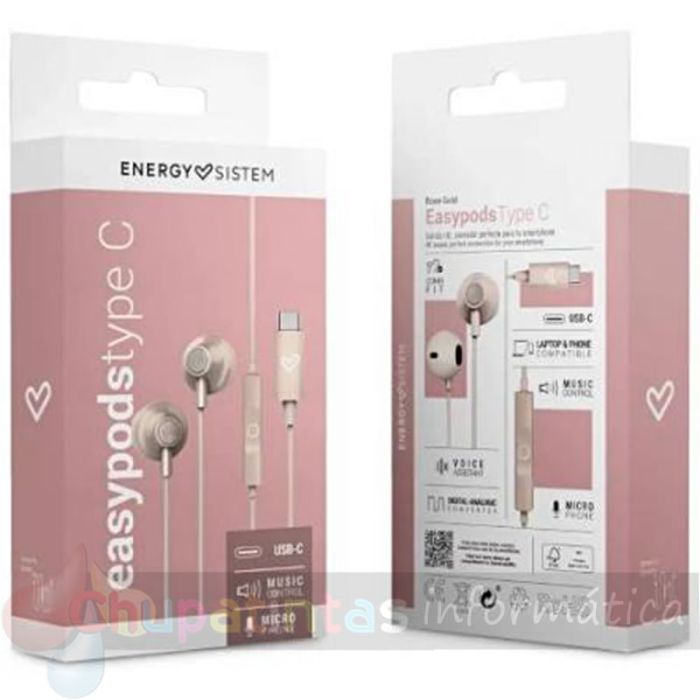 Energy Sistem Auriculares de Botón - Micrófono - Control de Reproducción - USB c - Cable 120cm - Color Rosa-10
