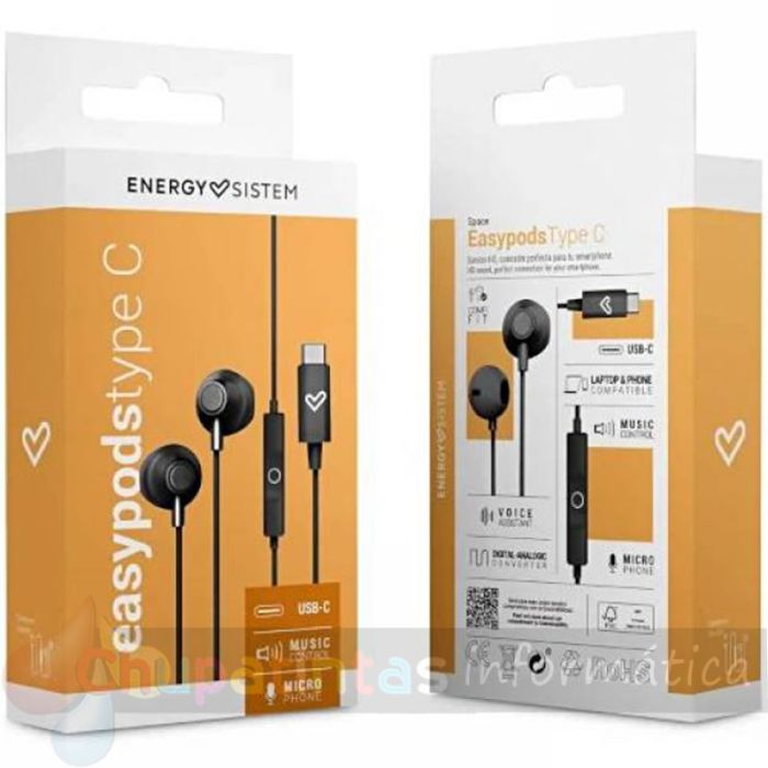 Energy Sistem Auriculares de Botón - Micrófono - Control de Reproducción - USB c - Cable 120cm - Color Negro-10