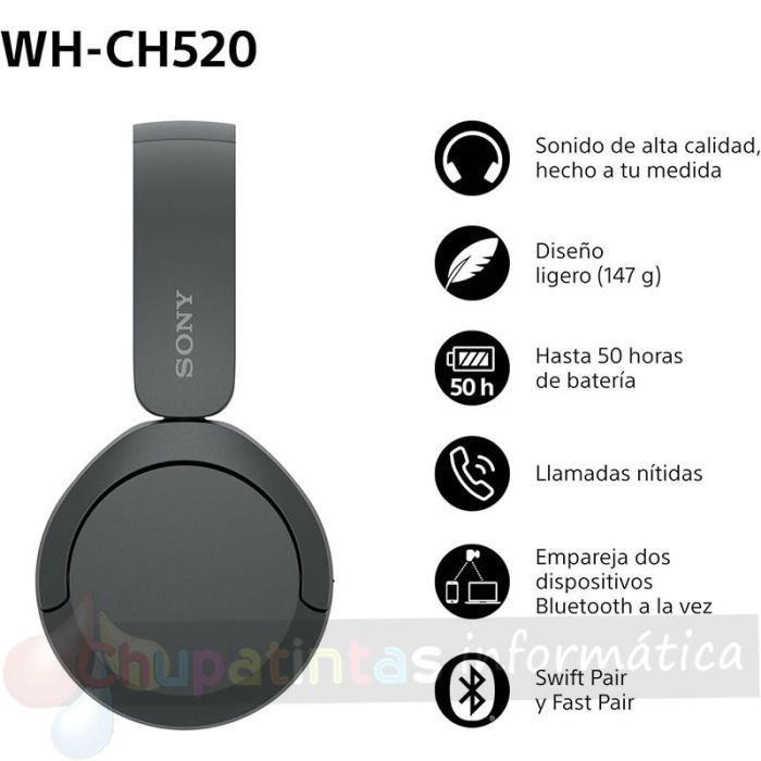 Sony WH-CH520 Auriculares Bluetooth 5.2 - Micrófono - Diadema Ajustable - Multipunto - Autonomía hasta 50h - Negro -13