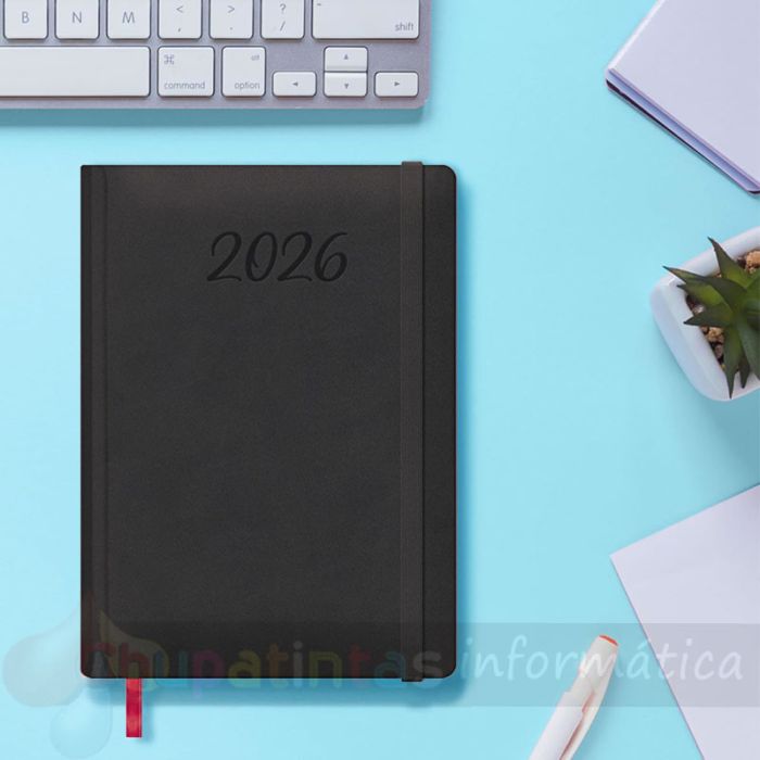 Dohe Manaos Agenda Anual - Dia Pagina - Cubierta en Polipiel - Cierre con Goma Elastica - Papel Ahuesado - Sabado y Domingo misma Pagina - Tamaño 17x24cm - Color Negro