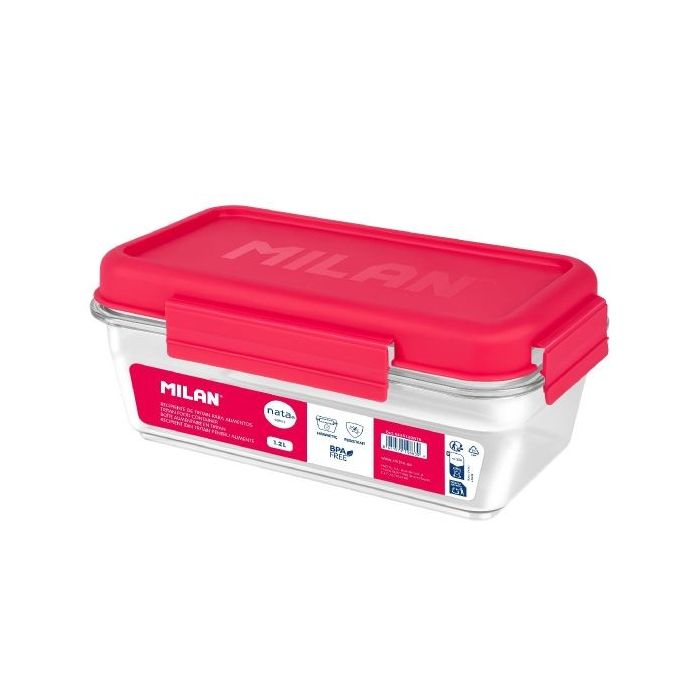 Milan Coleccion Nata 624 Fiambrera Hermetica de Tritan Rectangular 1.2L - Apta para Microondas, Lavavajillas y Congelador - Libre de BPA - Medidas 23x12,5x9,2cm - Color Transparente/Rosa