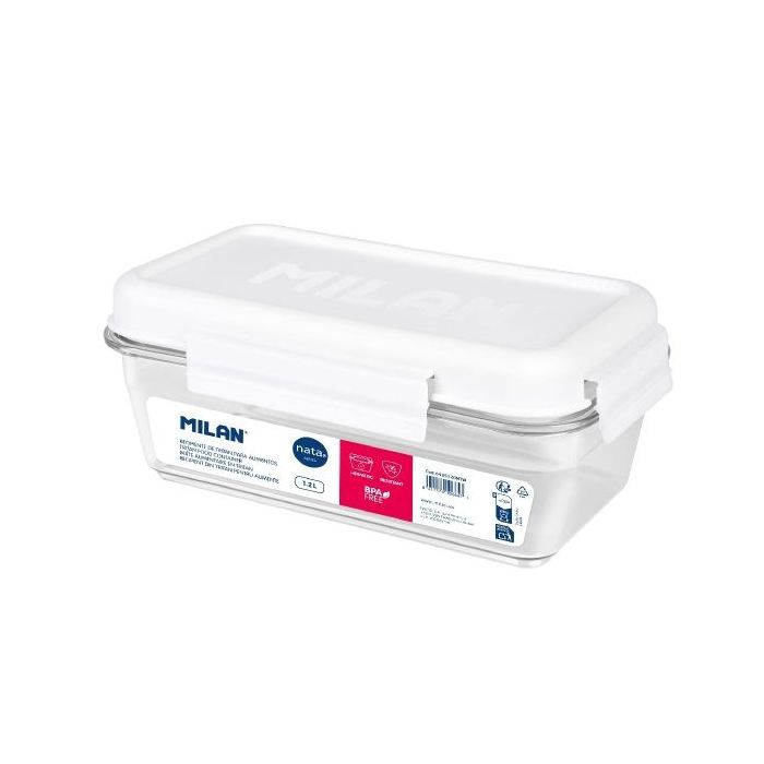 Milan Coleccion Nata 624 Fiambrera Hermetica de Tritan Rectangular 1.2L - Apta para Microondas, Lavavajillas y Congelador - Libre de BPA - Medidas 23x12,5x9,2cm - Color Transparente/Blanco