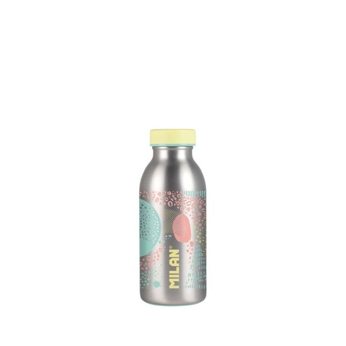 Milan Serie Silver Botella Isotermica 0.35L - Doble Pared de Acero Inoxidable - Liquidos Calientes hasta 12h, Frios hasta 24h - Color Plata/Amarillo