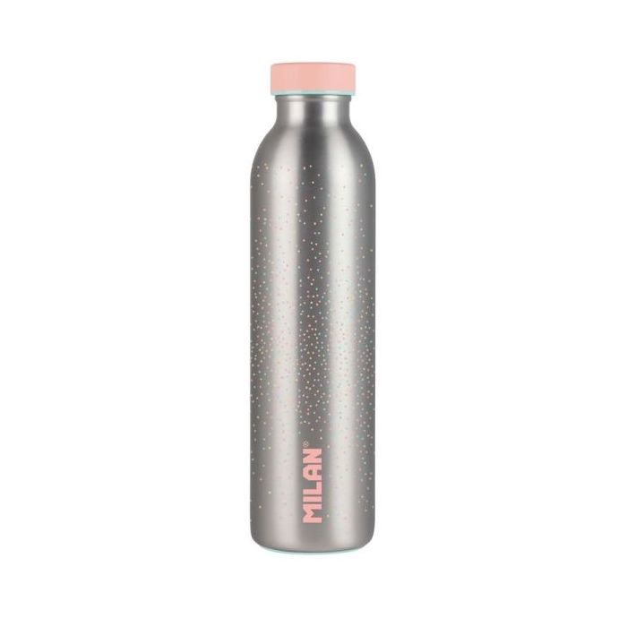 Milan Serie Silver Botella Isotermica 0.59L - Doble Pared de Acero Inoxidable - Liquidos Calientes hasta 12h, Frios hasta 24h - Color Plata/Rosa