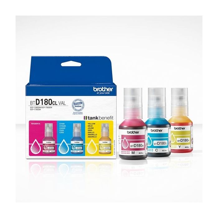 Brother BTD180CLVAL Pack de 3 Botellas de Tinta Original Cyan, Magenta y Amarillo - BTD180CLVAL