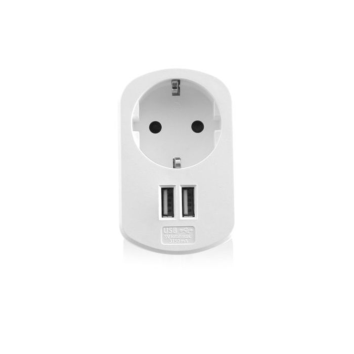 Ewent Cargador de Pared 2xUSB-A + Toma de Corriente - 17W - Color Blanco