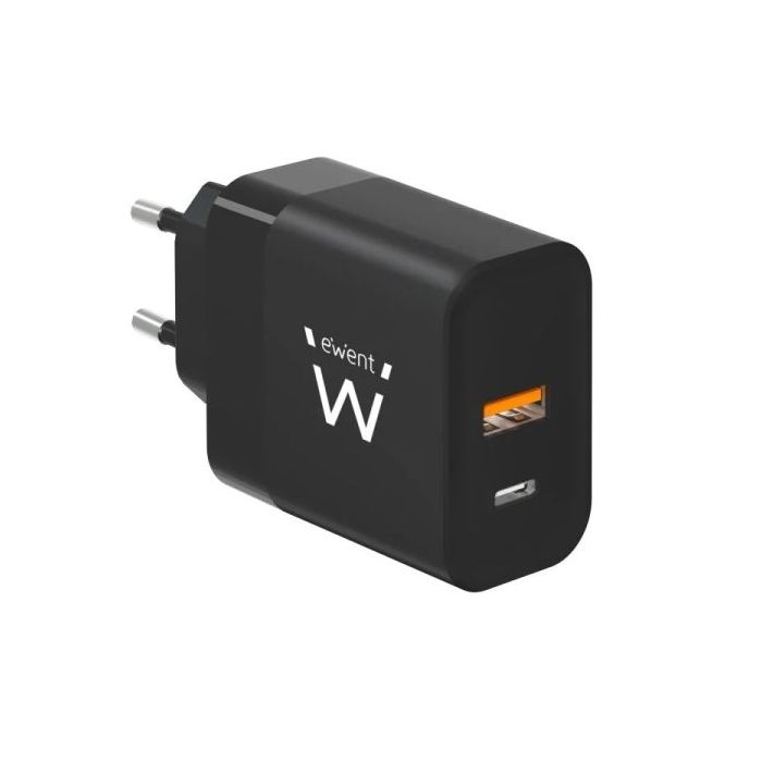 Ewent EW1327 Cargador GaN Universal de Pared 45W Ultrarapido - 1x USB-C PD 3.0 & PPS, 1x USB-A QC 2.0 - Color Negro