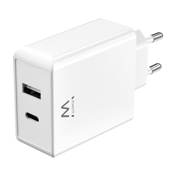Ewent EW1328 Cargador GaN Universal de Pared 45W Ultrarapido - 1x USB-C PD & PPS, 1x USB-A QC - Color Blanco
