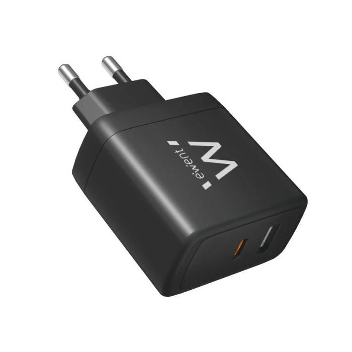 Ewent EW1330 Cargador GaN Universal de Pared 65W Ultrarapido - 1x USB-C PD 3.0 & PPS, 1x USB-A QC 3.0 - Color Negro