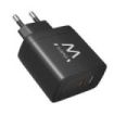 Ewent EW1330 Cargador GaN Universal de Pared 65W Ultrarapido - 1x USB-C PD 3.0 & PPS, 1x USB-A QC 3.0 - Color Negro