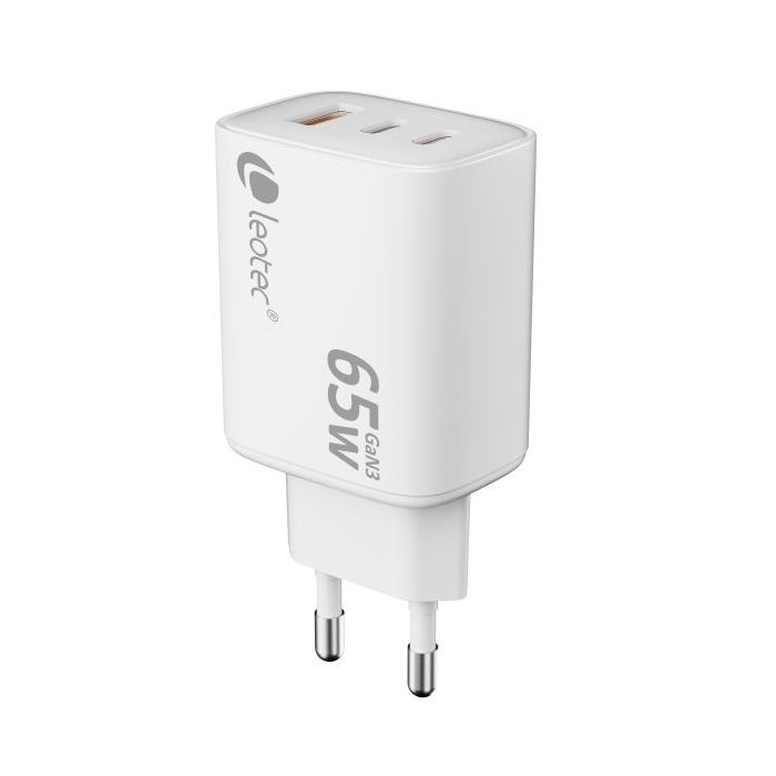 Leotec Cargador Universal 65W GAN - Ultra Slim - 2USB-C PD + 1USB-A - Color Blanco