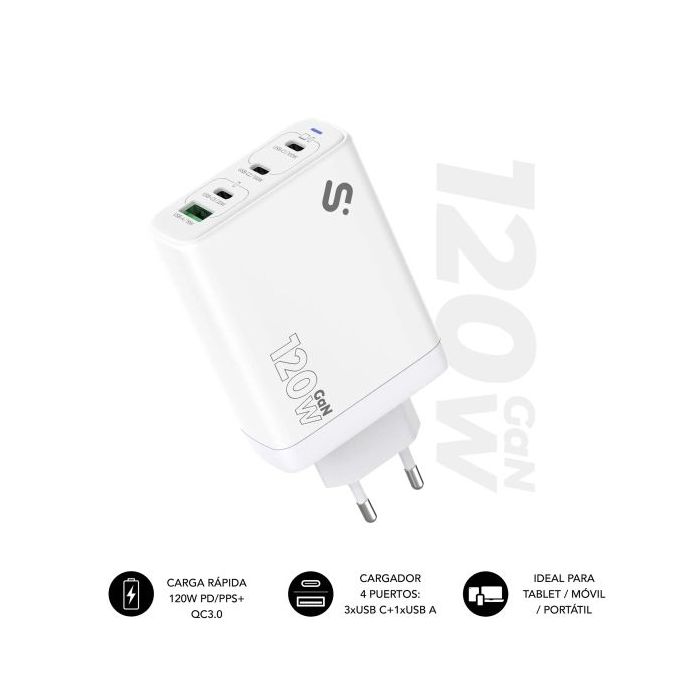 Subblim Cargador de Pared GaN 120W - 4 Puertos (3xUSB-C + 1xUSB-A) -  Carga ultra rápida - Color Blanco