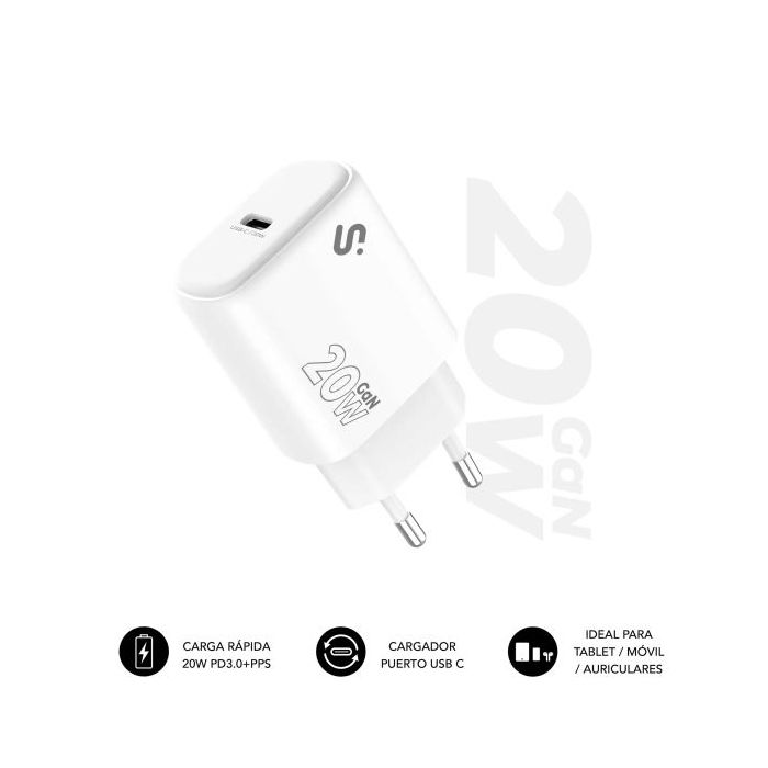 Subblim Cargador de Pared GaN 20W - USB-C -  Carga rápida - Color Blanco
