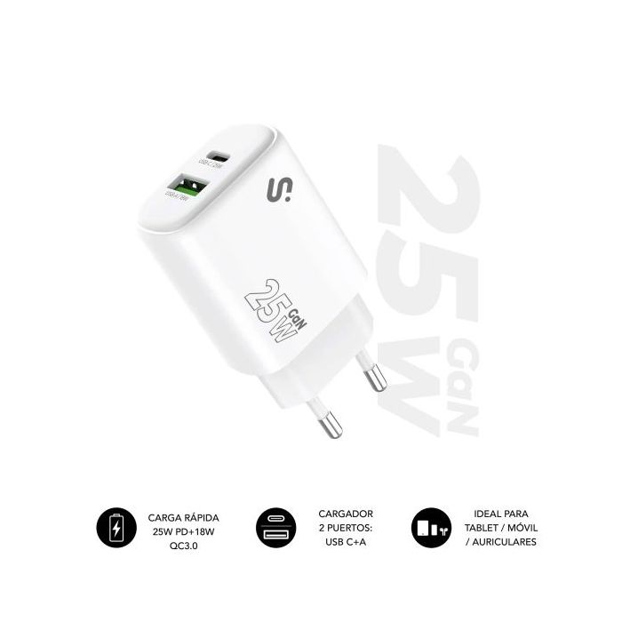 Subblim Cargador de Pared GaN 25W - USB-C + USB-A -  Carga rápida - Color Blanco