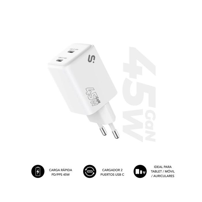 Subblim Cargador de Pared GaN 45W - 2xUSB-C -  Carga Ultra rápida - Color Blanco