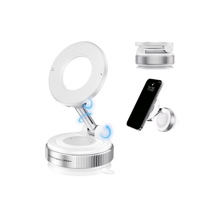 XO C169 Soporte Magnetico de Coche para Smartphones - Fijacion por Vacio - Rotacion 360º - Brazo Extensible - Multisuperficie - Boton de Liberacion  - Aro Metalico Incluido - Color Blanco