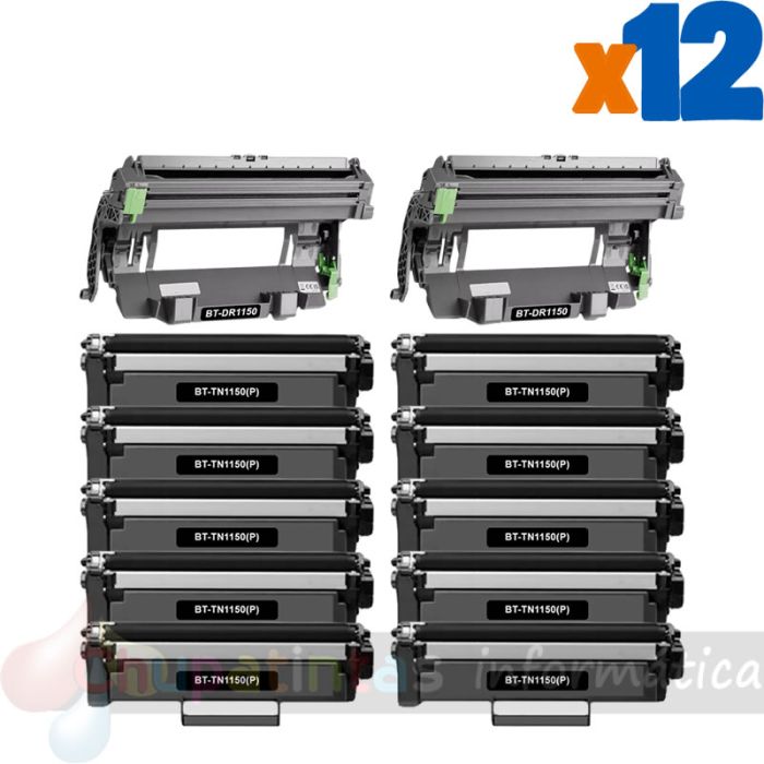 Brother TN1150 Cartucho de Tóner + DR1150 Tambor de Imagen Pack de 12 Cartuchos Genéricos