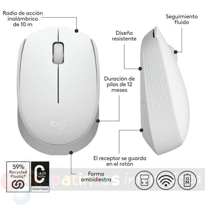Logitech M171 ratón inalámbrico 1000dpi - 3 botones - Blanco - Características