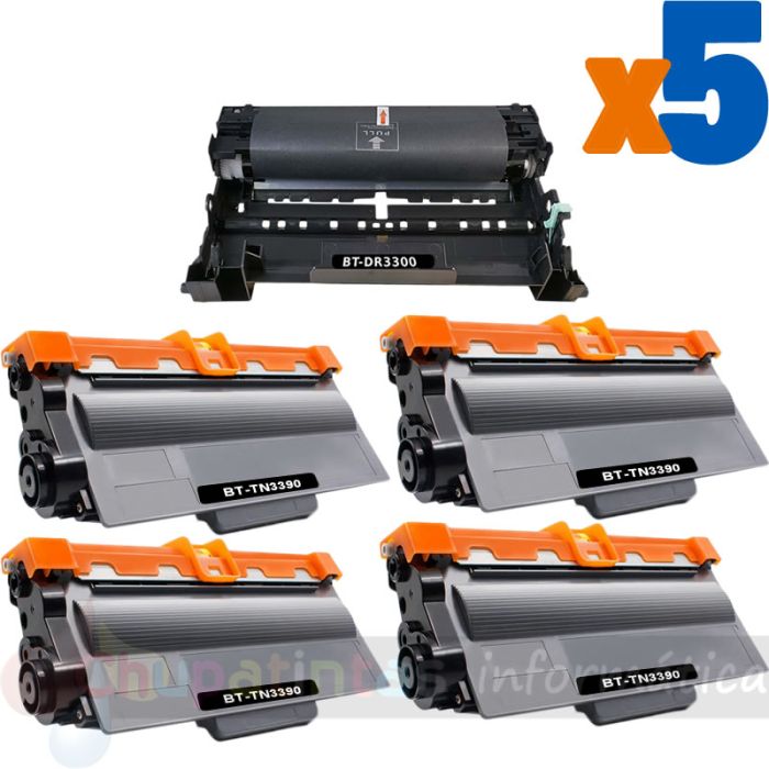 Brother TN3390 Cartucho de Toner + DR3300 Tambor de Imagen Pack de 5 Cartuchos Genéricos