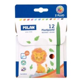 Milan Plastipastel Pack de 12 Ceras de Colores Redondas - Contiene 2 Ceras Fluo - Colores Surtidos