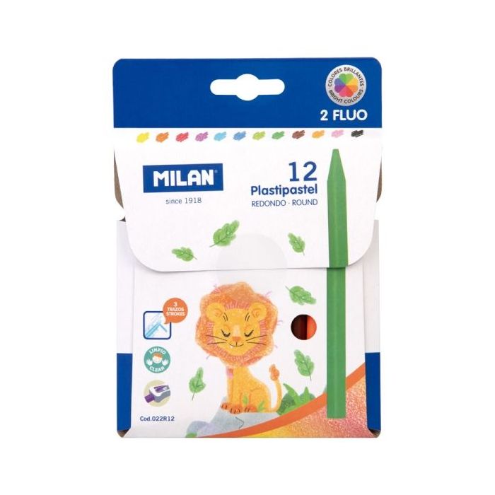 Milan Plastipastel Pack de 12 Ceras de Colores Redondas - Contiene 2 Ceras Fluo - Colores Surtidos