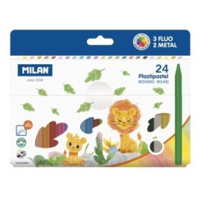 Milan Plastipastel Pack de 24 Ceras de Colores Redondas - Contiene 3 Ceras Fluo y 2 Metal - Colores Surtidos