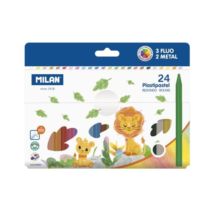 Milan Plastipastel Pack de 24 Ceras de Colores Redondas - Contiene 3 Ceras Fluo y 2 Metal - Colores Surtidos