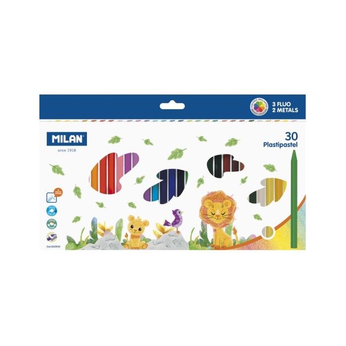 Milan Plastipastel Pack de 30 Ceras de Colores Redondas - Contiene 3 Ceras Fluo y 2 Metal - Colores Surtidos