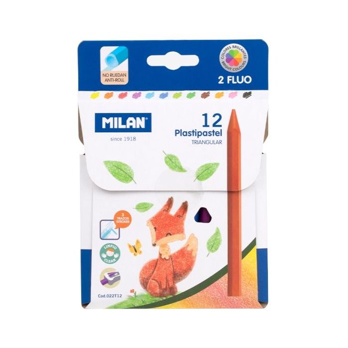 Milan Plastipastel Pack de 12 Ceras de Colores Triangulares - Contiene 2 Ceras Fluo - Colores Surtidos