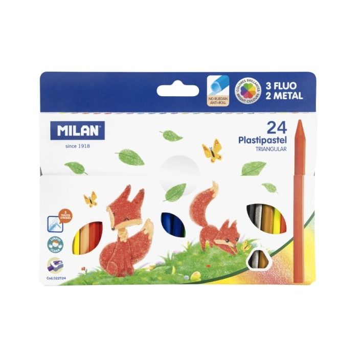 Milan Plastipastel Pack de 24 Ceras de Colores Triangulares - Contiene 3 Ceras Fluo y 2 Metal - Colores Surtidos