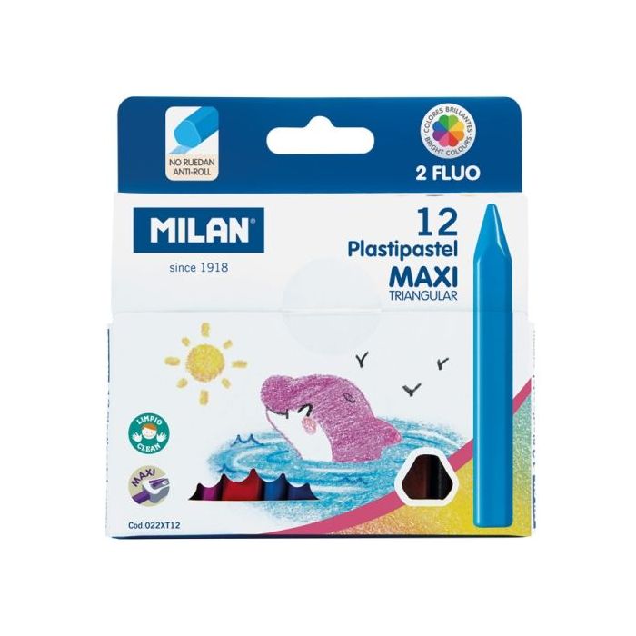 Milan Pastipastel Maxi Pack de 12 Ceras de Colores Triangulares - Contiene 2 Ceras Fluo - Colores Surtidos