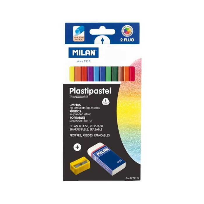 Milan Plastipastel Pack de 12 Ceras de Colores Triangulares - Incluye Goma y Sacapuntas - Bandeja Interior - Colores Surtidos