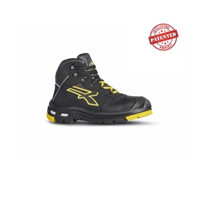 Upower Cosmo S Calzado Altos de Seguridad Laboral - Talla 41 - Piel Pull-Up Suave, Hidrofugos, Puntera Aluminio AirToe, Suela PU/Vibram, Costuras Kevlar, Proteccion S3S CI HI HRO FO SR - Color Negro/Amarlllo