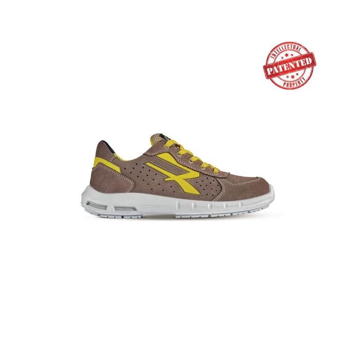 Upower Dorado Plus S ESD Calzado de Seguridad Bajos - Talla 38 - Gamuza Perforada, Puntera de Aluminio, Antideslizantes, Antiarrugas, Suela PU/PU High Rebound, Proteccion S1PS FO SR - Color Beige/Amarillo