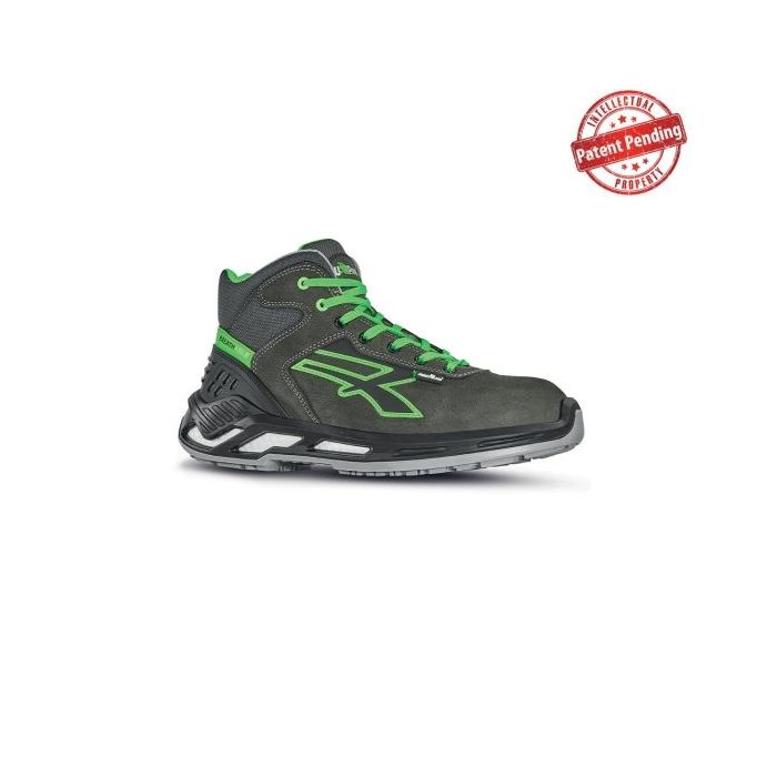 Upower Daryl S ESD Calzado de Seguridad Altos - Talla 47 - Piel Nobuck Hidrorepelente, Puntera de Aluminio, Antideslizantes, Suela PU, Proteccion S3S CI FO SR - Color Gris Oscuro/Verde