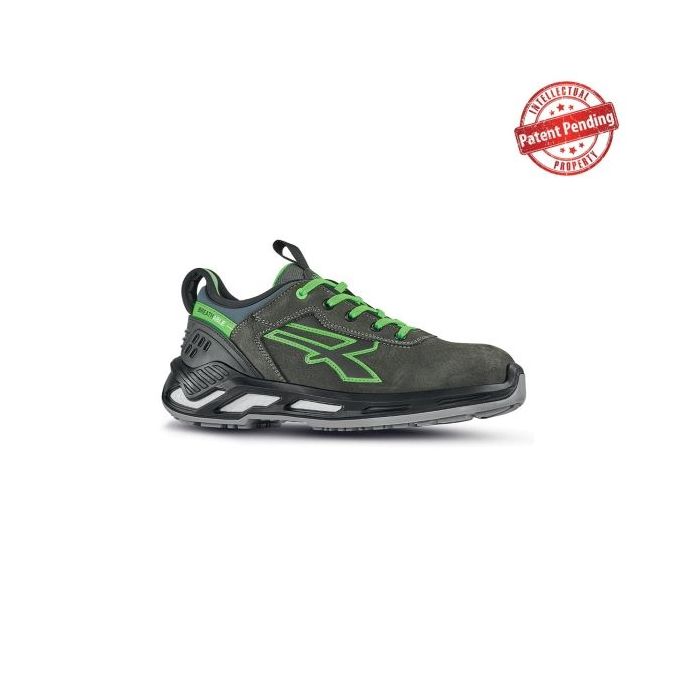 Upower Naos S ESD Calzado de Seguridad Bajos - Talla 46 - Piel Nobuck Hidrorepelente, Collarin Lycra, Escudo Anti-Impactos, Puntera Aluminio, Antideslizante, Proteccion S3S CI FO SR - Color Gris Oscuro/Verde