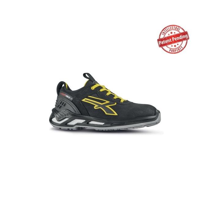 Upower Rick S ESD Calzado de Seguridad Bajos - Talla 43 - Piel Nobuck Hidrorepelente, Puntera de Aluminio, Suela Antideslizante PU/PU, Escudo Anti-Impactos, Proteccion S3S CI FO SR - Color Gris Oscuro/Amarillo