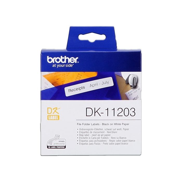 Brother DK11203 - Etiquetas Originales Precortadas para Carpetas - 17x87 mm - 300 Unidades - Texto negro sobre fondo blanco