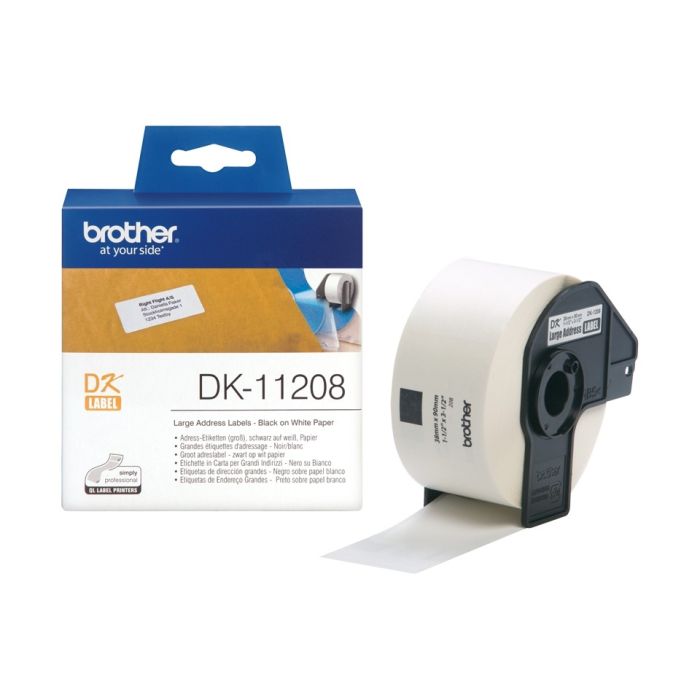 Brother DK11208 - Etiquetas Originales Precortadas de Direccion Grandes - 38x90 mm - 400 Unidades - Texto negro sobre fondo bla