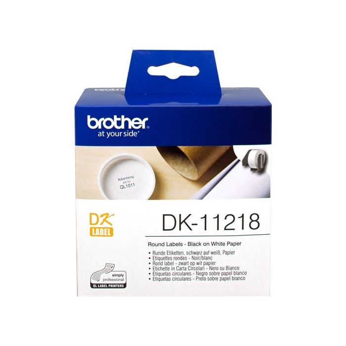 Brother DK11218 - Etiquetas Originales Precortadas Circulares - 24 mm de Diametro - 1000 Unidades - Texto negro sobre fondo bla