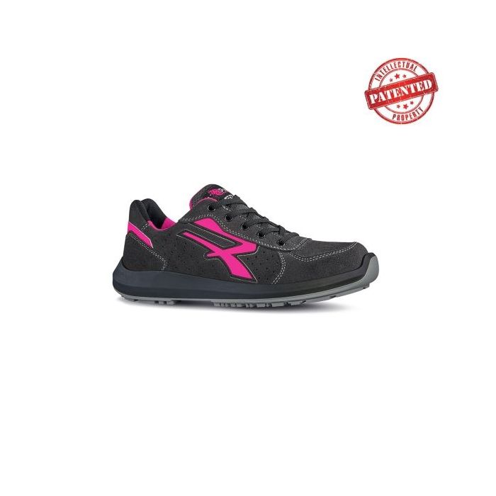 Upower Electra S ESD Calzado de Seguridad Bajos - Talla 35 - Gamuza Perforada, Puntera de Aluminio, Antideslizante, Suela PU/PU High Rebound, Proteccion S1PS FO SR - Color Gris/Fucsia