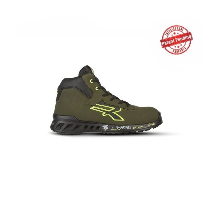 Upower Tyler S ESD Calzado de Seguridad Altos Ligeros - Talla 36 - Puntera AirToe Aluminio, Empeine Hidrorrepelente, Suela Antideslizante, Antiabrasion, Antiaceite, Antiestatica, Clase S3S CI FO SR - Color Verde Oliva/Amarillo