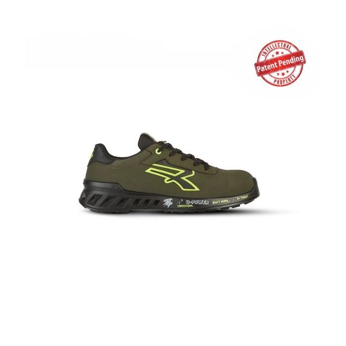 Upower Ryan S ESD Calzado de Seguridad Bajos - Talla 47 - Empeine Microfibra Hidrorrepelente, Suela PU Ultraligera, Antideslizante, Antiaceite, Sistema Anti Perforacion, Puntera AirToe Aluminium - Color Verde Oliva/Amarillo