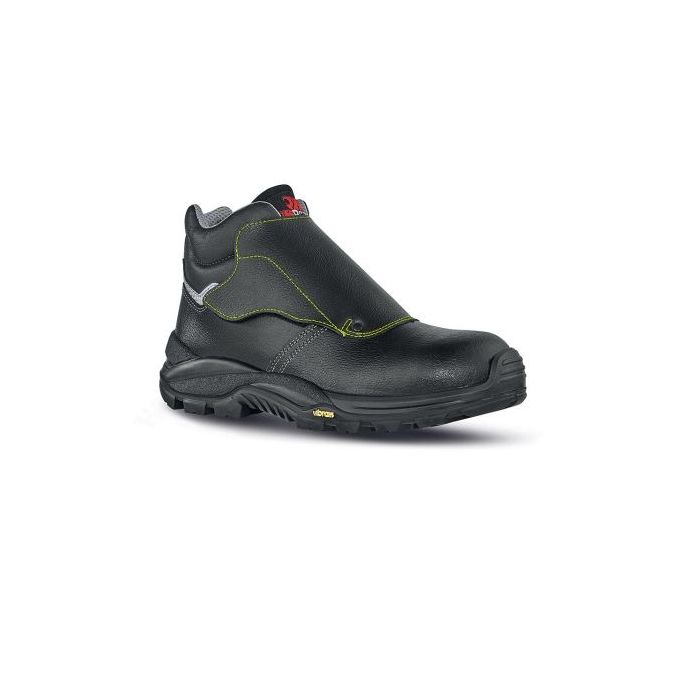 Upower Bulls L Calzado de Seguridad Altos - Talla 46 - Empeine Piel Grana Mina Hidrofugo, Puntal Composite, Hoja Acero Ergonomico, Antiperforacion, Antideslizante, Suela PU/VIBRAM, Proteccion S3 HI HRO FO SR - Color Negro